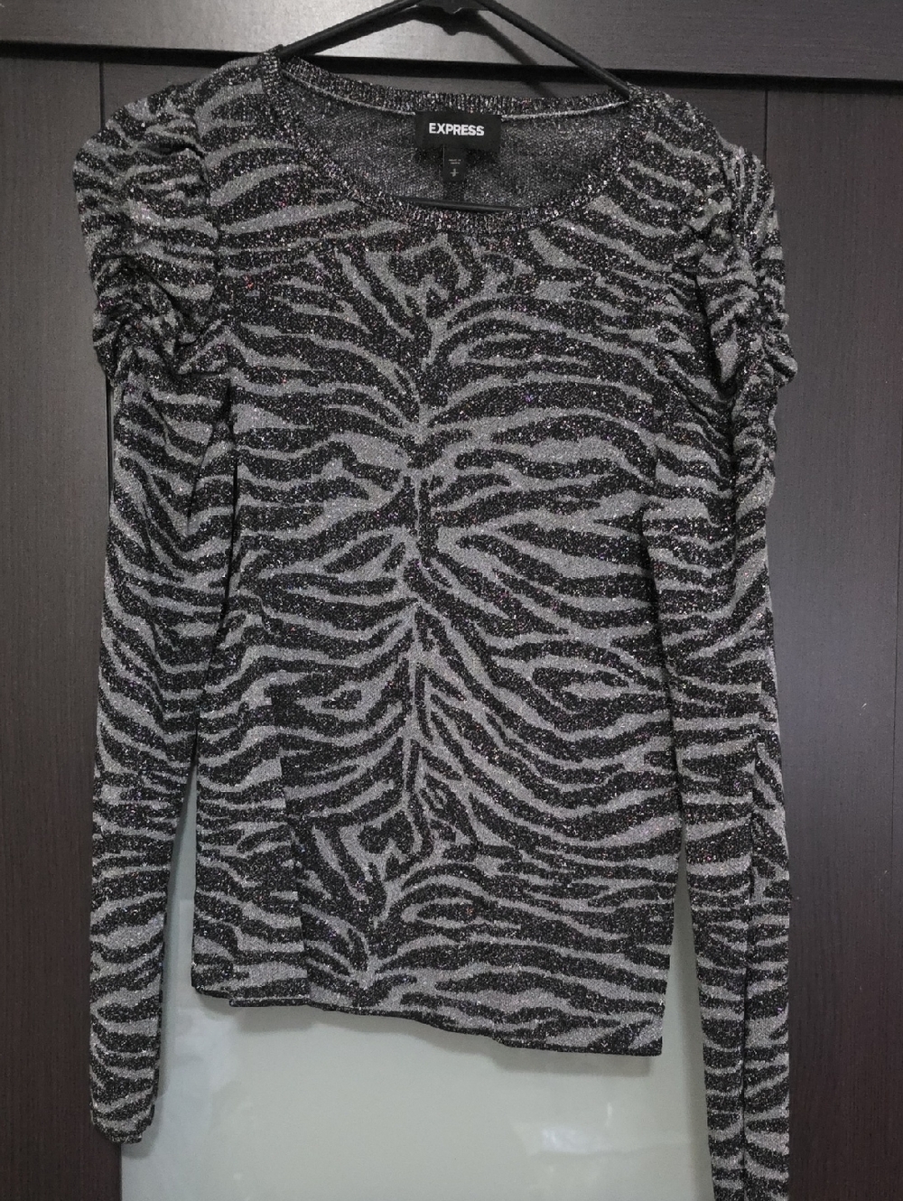 Express Metallic Zebra-Print Long Sleeve Top - Black & Silver